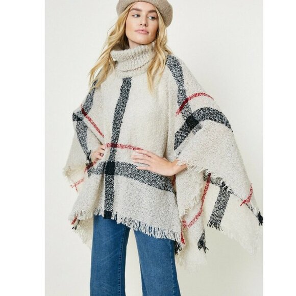 Ivory & black plaid turtleneck poncho NEW - Picture 2 of 5